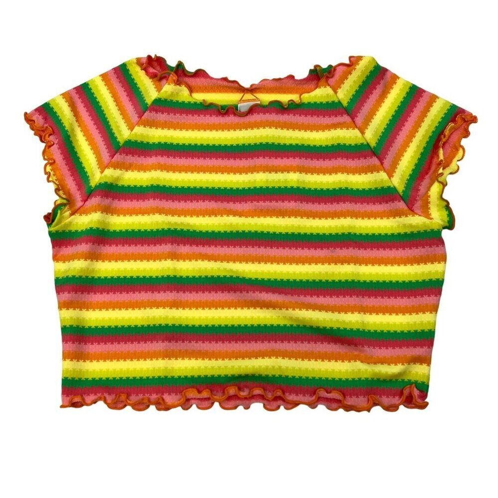 L*Space Womens Wildflower Pull Over Swim Top Short Sleeve Neon Striped Large New